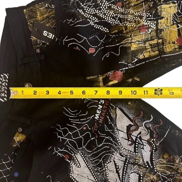 XWay Sernes Mens Graphic Denim Jeans Black & Yellow Size 32 MOD: 6104 Y2K VTG - Picture 11 of 12